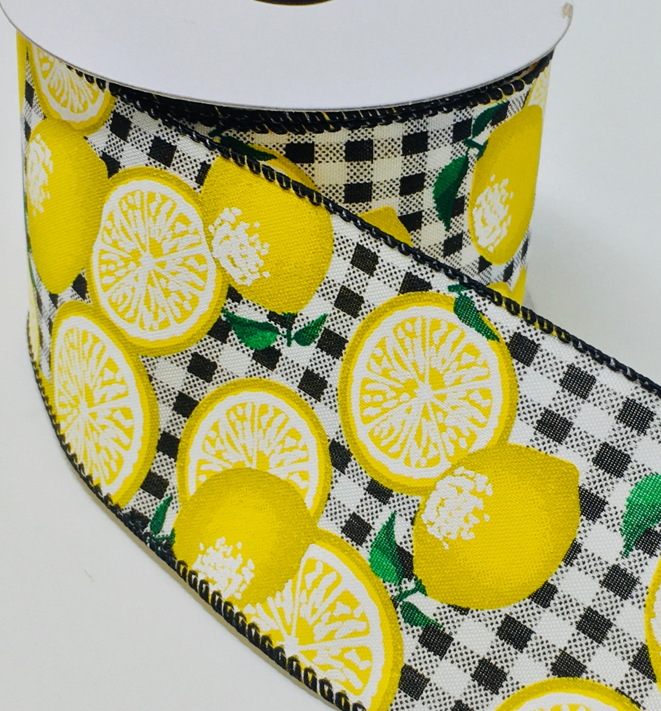 10 Yards - 2.5" Wired Black and White Check Lemon Ribbon