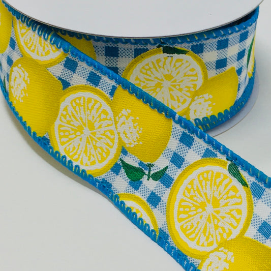 10 Yards - 1.5" Wired Blue and White Gingham Check Lemon Ribbon