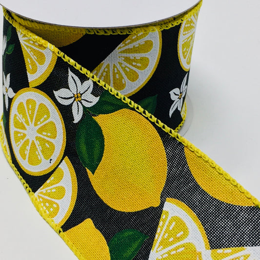 10 Yards - 2.5" Black Background Lemon Floral Ribbon