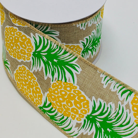 10 Yards - 2.5” Wired Natural Background Pineapple Ribbon