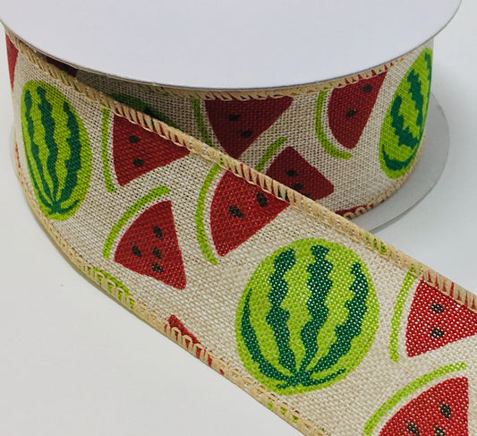 10 Yards - 1.5" Wired Natural Background Watermelon Ribbon