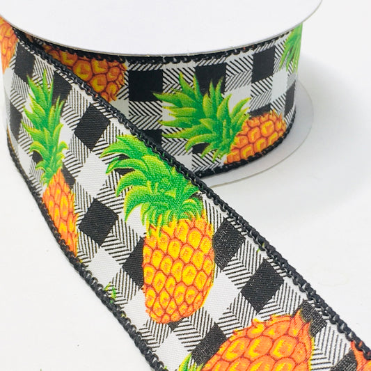 10 Yards - 1.5" Wired Black and White Check Pineapple Ribbon