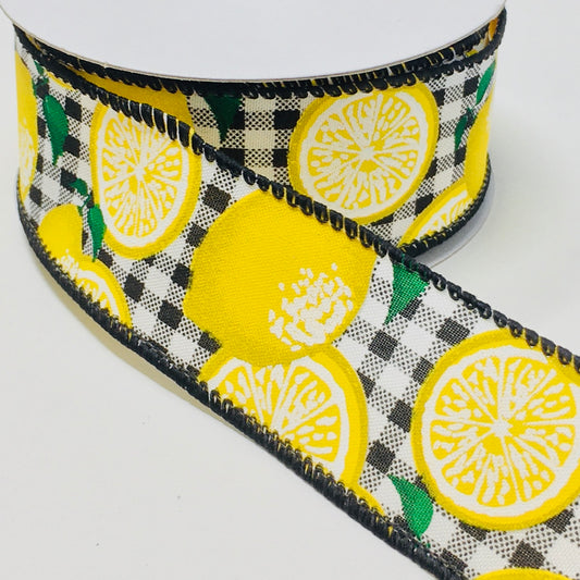 10 Yards - 1.5" Wired Black and White Check Lemon Ribbon