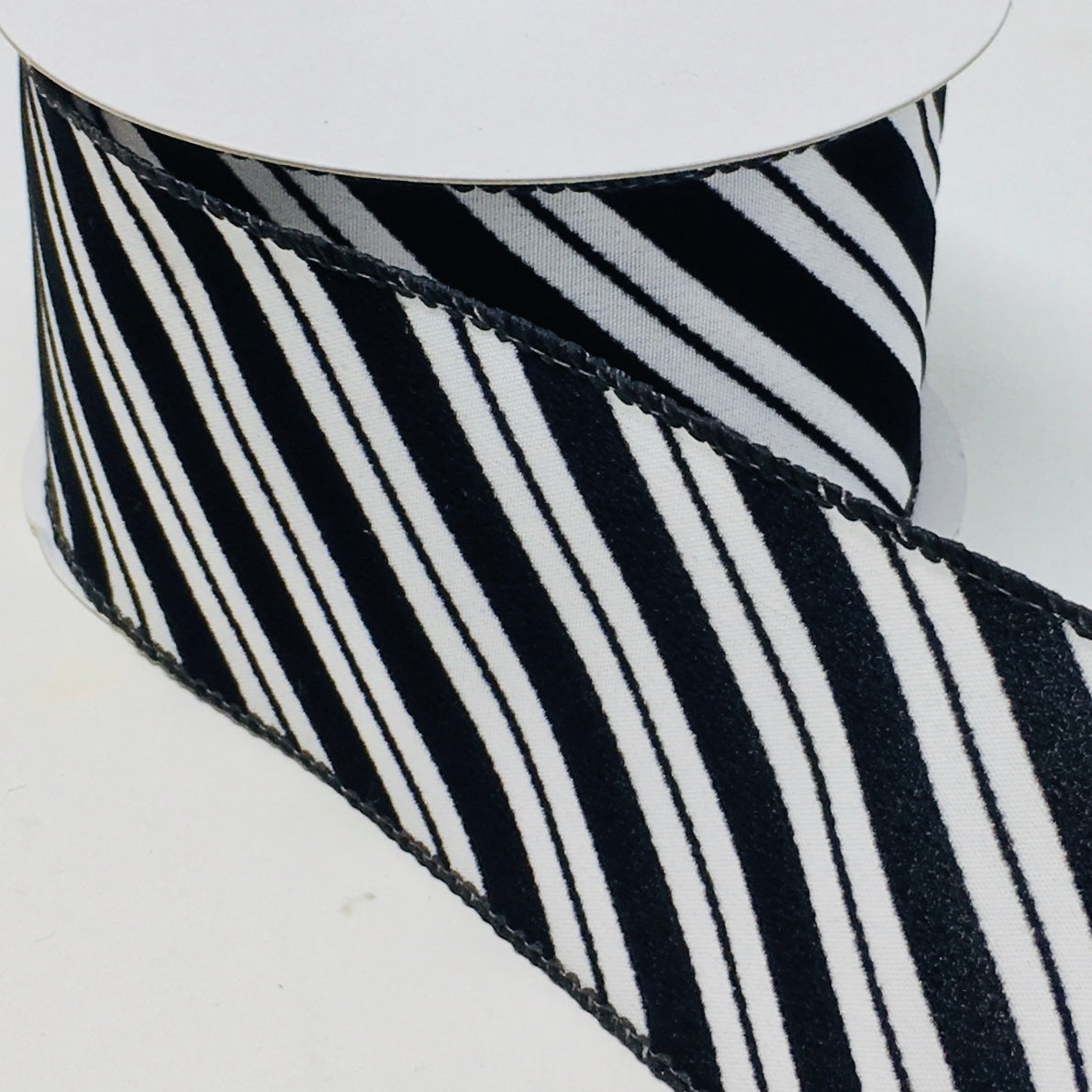 10 Yards - 2.5” Wired Black and White Velvet Swirl Stripe Ribbon