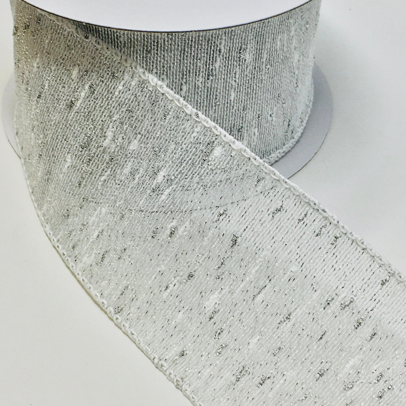 10 Yards - 2.5" Wired Silver and White Metallic Ribbon