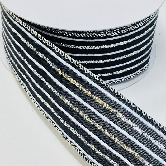 10 Yards - 1.5” Wired Black, White, and Silver Glitter Stripe Ribbon