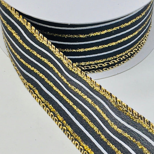 10 Yards - 1.5" Wired Black, Gold Glitter, and White Stripe Ribbon