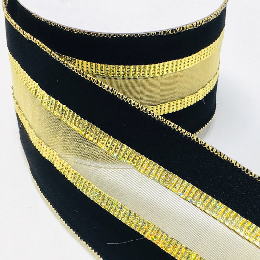 10 Yards - 2.5" Wired Black Velvet with Gold Ribbon