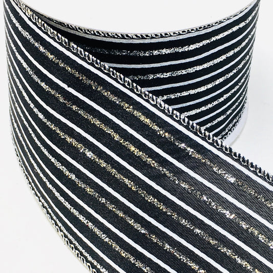 10 Yards - 2.5” Wired Black, White, and Silver Glitter Stripe Ribbon