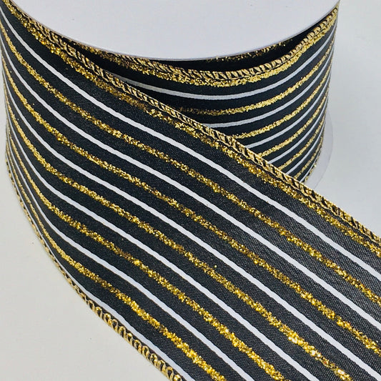 10 Yards - 2.5" Wired Black, Gold Glitter, and White Stripe Ribbon