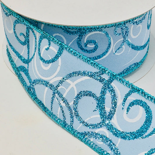 10 Yards - 1.5" Wired Ice Blue Glitter Swirl Ribbon