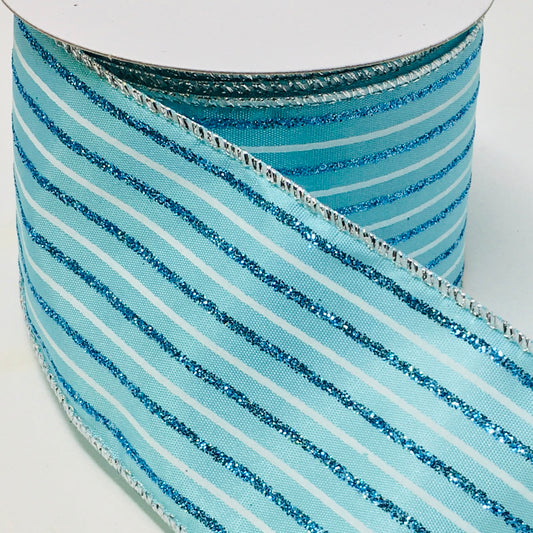 10 Yards - 2.5" Wired Ice Blue Glitter Stripe Ribbon