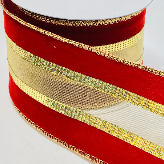 10 Yards - 2.5" Wired Dark Red Velvet with Gold Ribbon