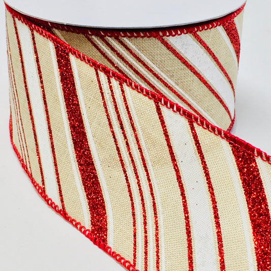 10 Yards - 2.5" Wired Natural, White, and Red Glitter Candy Stripe Swirl Ribbon