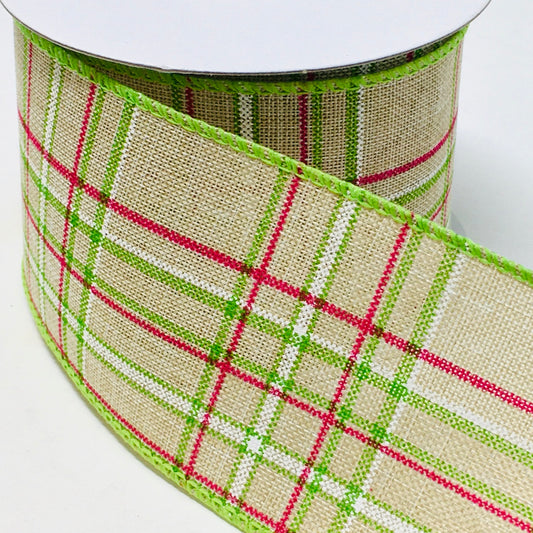 10 Yards - 2.5” Wired Natural Background Pink, Lime Green, and White Check Ribbon