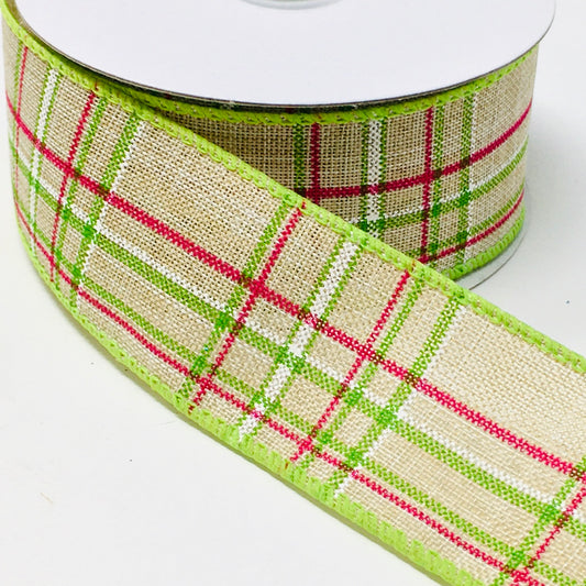 10 Yards - 1.5" Wired Natural Background Pink, Lime Green, and White Check Ribbon