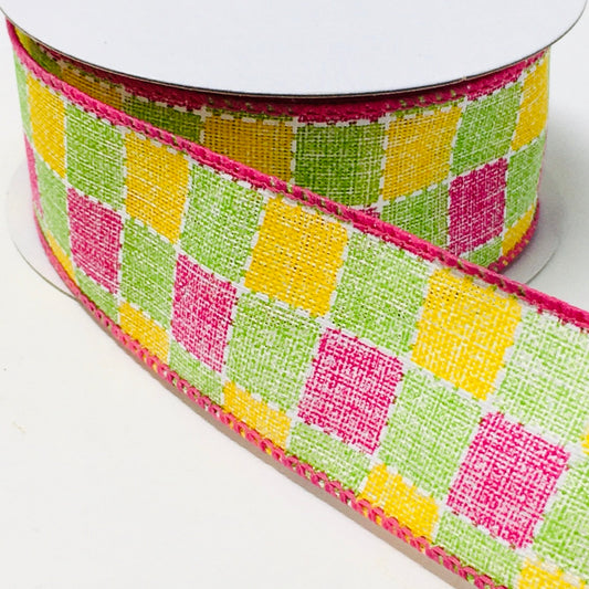 10 Yards - 1.5” Wired Pink, Green, Yellow, and White Faux Stitched Check Ribbon