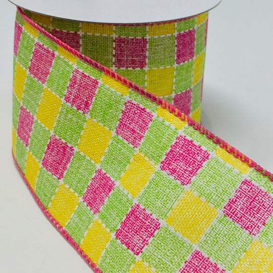 10 Yards - 2.5” Wired Pink, Green, Yellow, and White Faux Stitched Check Ribbon
