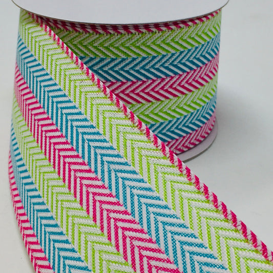 10 Yards - 2.5” Wired Lime Green, Blue, Pink, and White Herringbone Ribbon