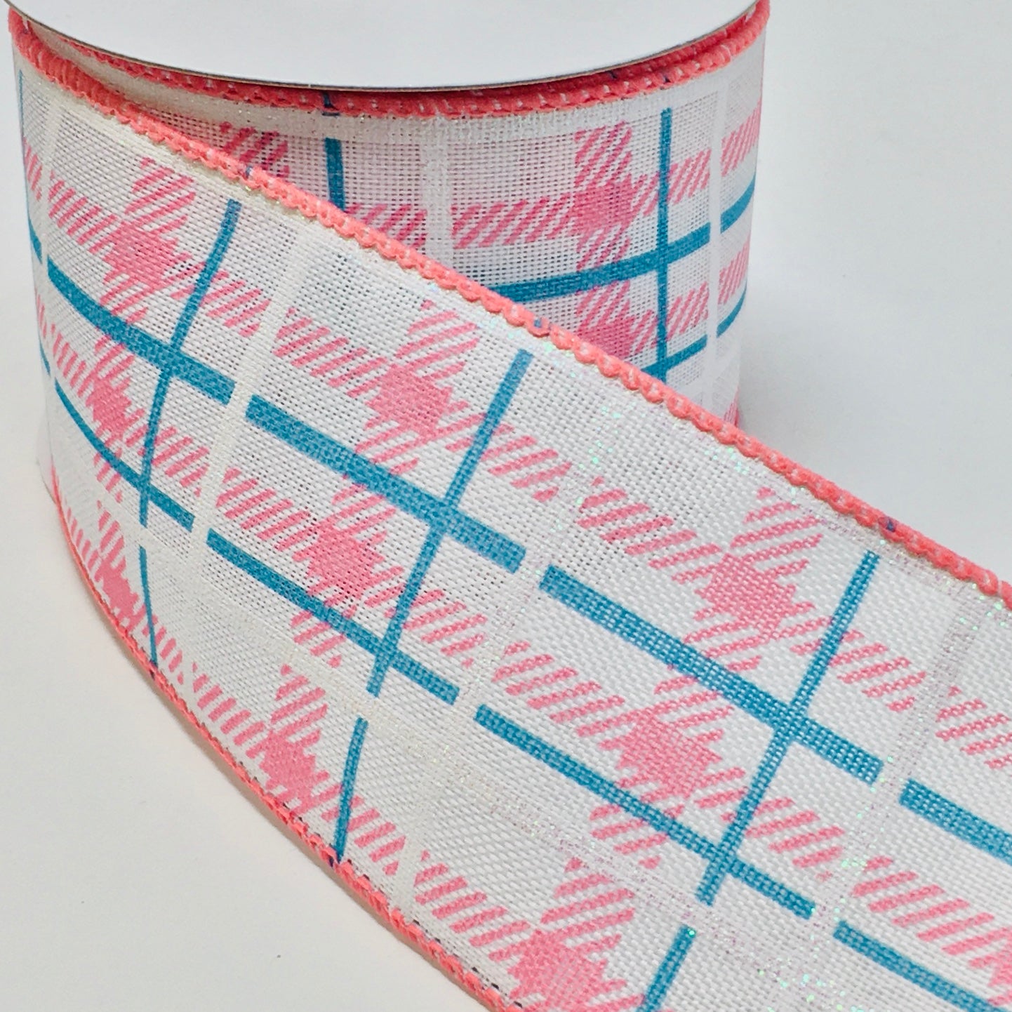 10 Yards - 2.5" Wired Blue, Pink, and White Check Ribbon with Glitter Accent