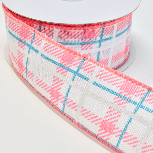 10 Yards - 1.5" Wired Blue, Pink, and White Check Ribbon with Glitter Accent