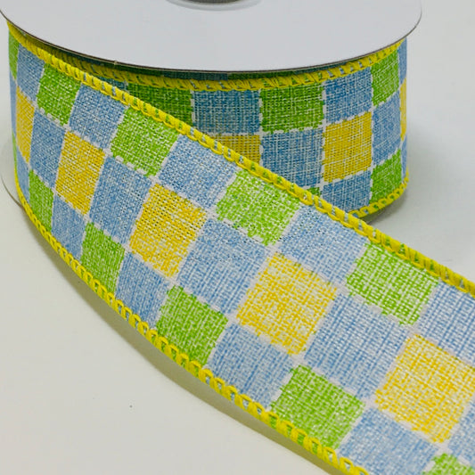 10 Yards - 1.5” Wired Blue, Green, Yellow, and White Faux Stitched Check Ribbon