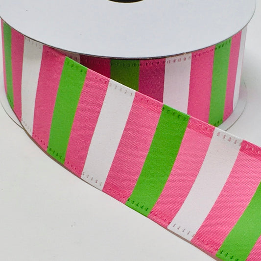 10 Yards - 1.5” Wired Pink, Green, and White Stripe Ribbon