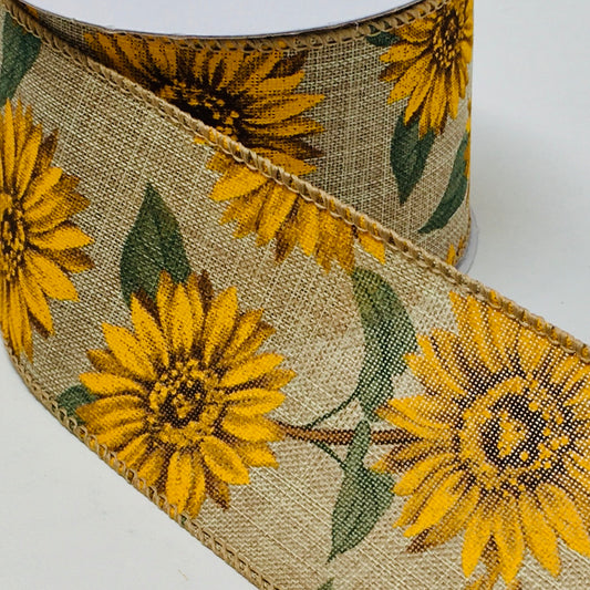 10 Yards - 2.5” Wired Natural Background Sunflower Ribbon