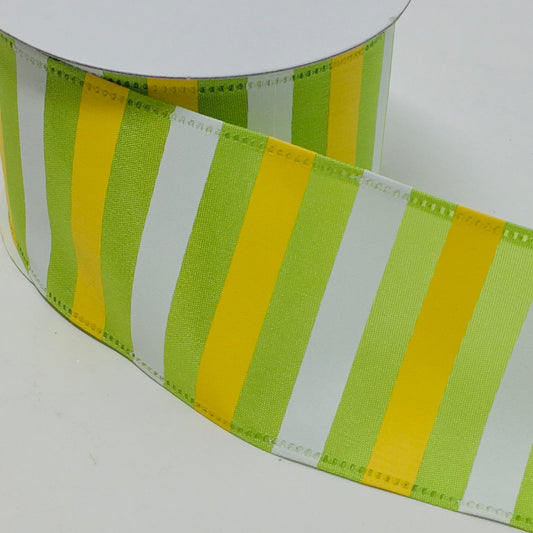 10 Yards - 2.5" Wired Lime Green, Yellow, and White Stripe Ribbon