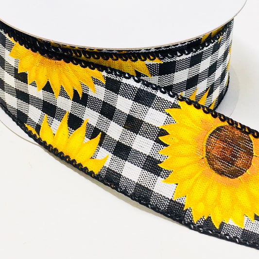 10 Yards - 1.5” Wired Black and White Gingham Check Sunflower Ribbon