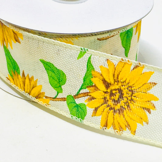 10 Yards - 1.5” Wired Cream Background Sunflower Ribbon