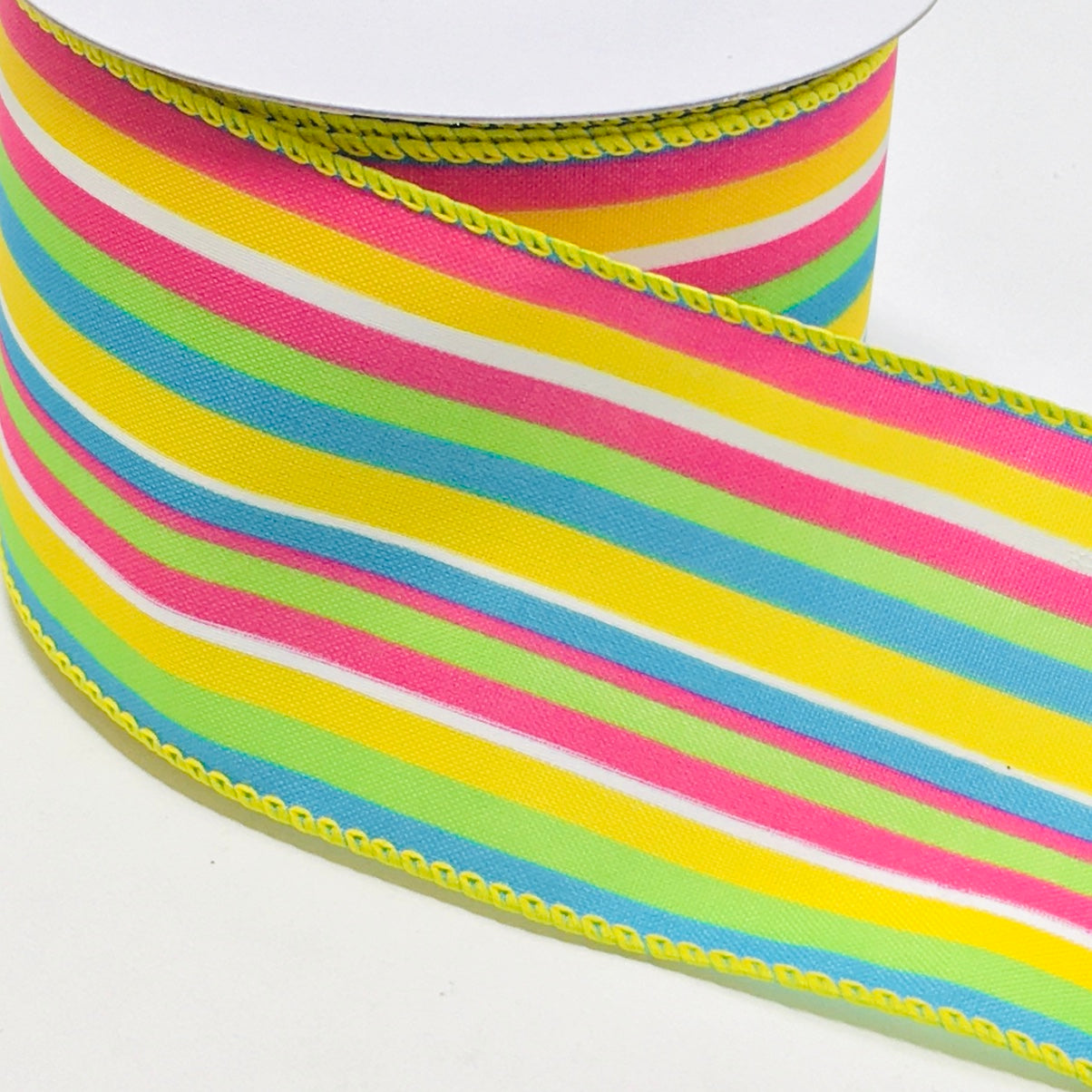 10 Yards - 2.5” Wired Yellow, Pink, Lime Green, Blue, and White Ribbon