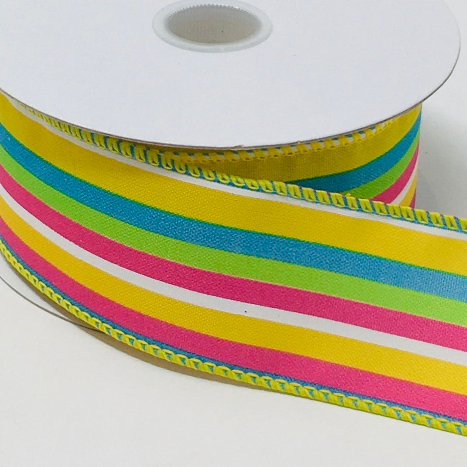 10 Yards - 1.5” Wired Pink, Green, Yellow, Blue, and White Summer Stripe Ribbon