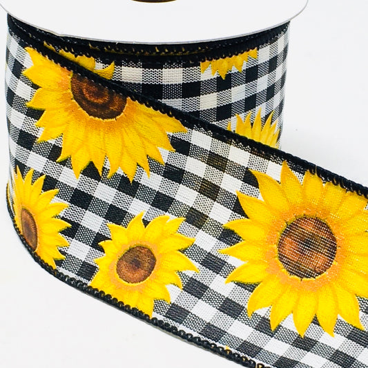 10 Yards - 2.5” Wired Black and White Check Sunflower Ribbon