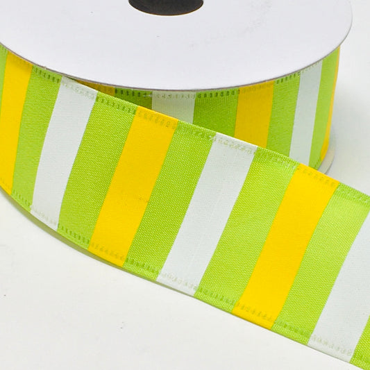 10 Yards - 1.5" Wired Lime Green, Yellow, and White Stripe Ribbon