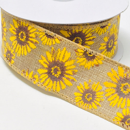 10 Yards - 1.5” Wired Natural Background Sunflower Ribbon