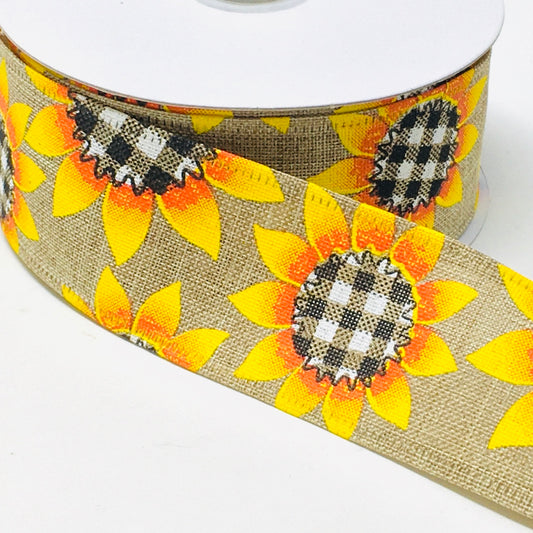 10 Yards - 1.5” Wired Black and White Check Center Sunflower Ribbon