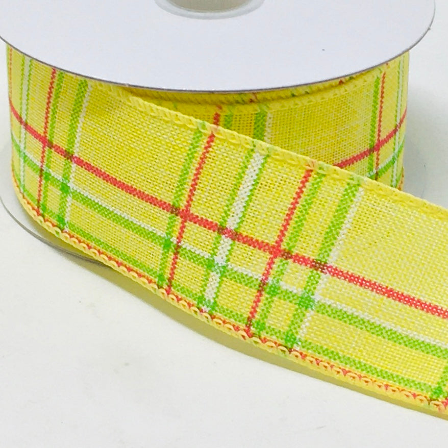 10 Yards - 1.5” Wired Yellow, Green, Pink, and White Summer Check Ribbon