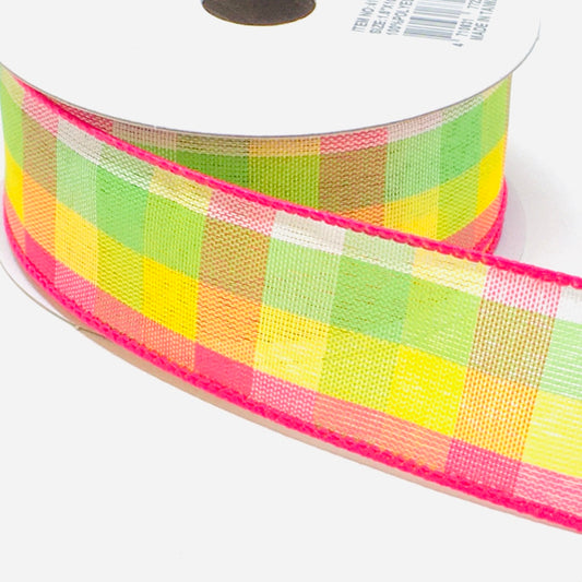 10 Yards - 1.5” Wired Pink, Green, Yellow, and White Summer Check Ribbon