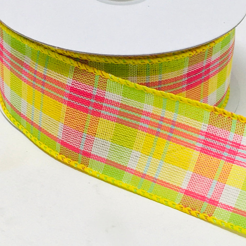 10 Yards - 1.5” Wired Pink, Green, Yellow, and White Summer Check Ribbon