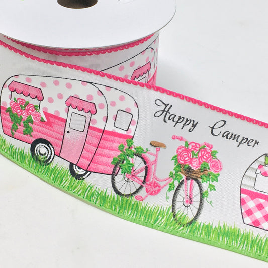 10 Yards - 2.5" Wired Pink Happy Camper Ribbon