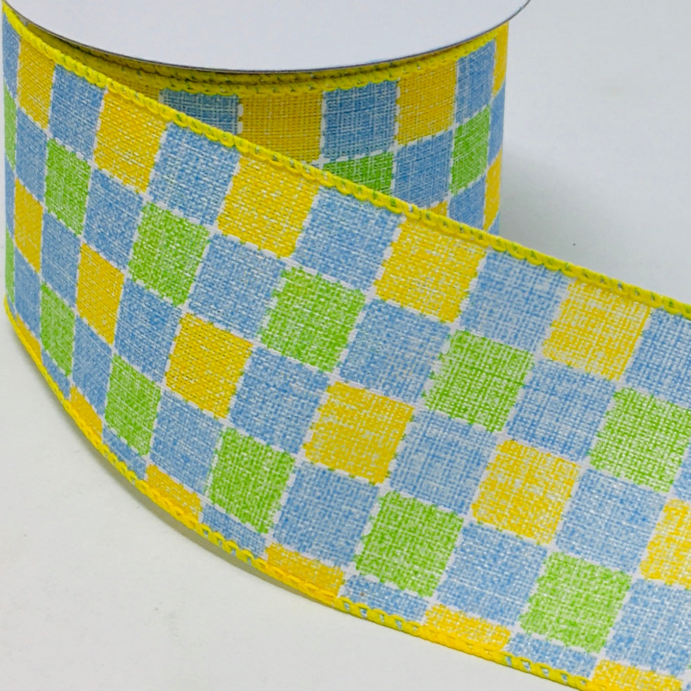 10 Yards - 2.5” Wired Blue, Green, Yellow, and White Faux Stitched Check Ribbon