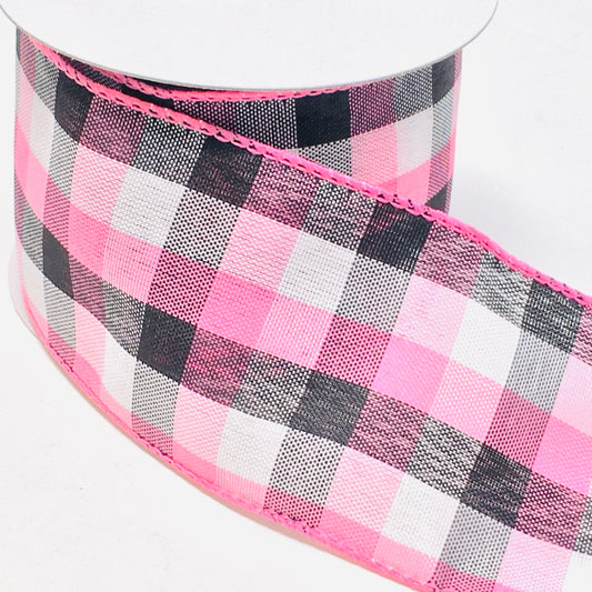 10 Yards - 2.5" Wired Pink, Black, and White Check Ribbon