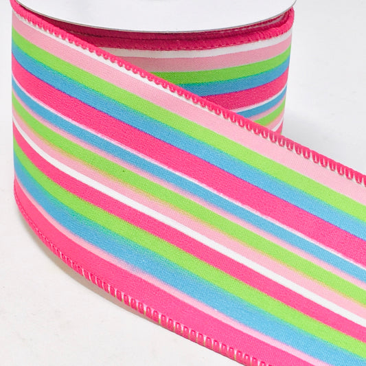 10 Yards - 2.5” Wired Pink, Green, Blue, and White Stripe Ribbon