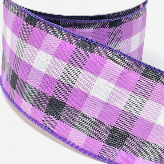 10 Yards - 2.5" Wired Purple, Black, and White Check Ribbon