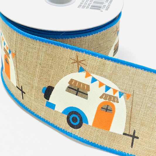 10:Yards - 2.5” Wired Natural Background Orange and Blue Camper Ribbon