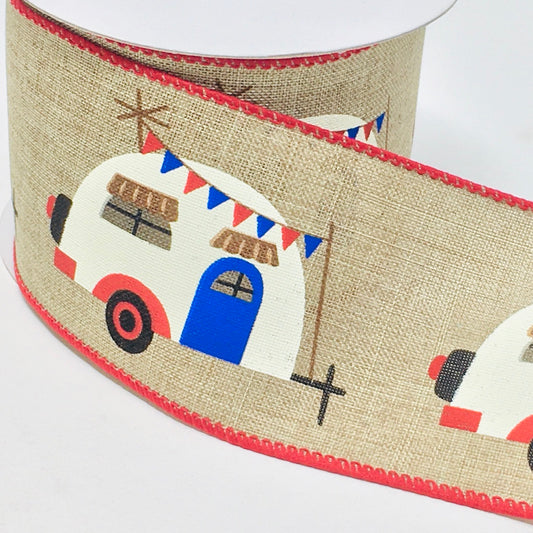 10 Yards - 2.5” Wired Natural Background Red, White, and Blue Patriotic Camper Ribbon