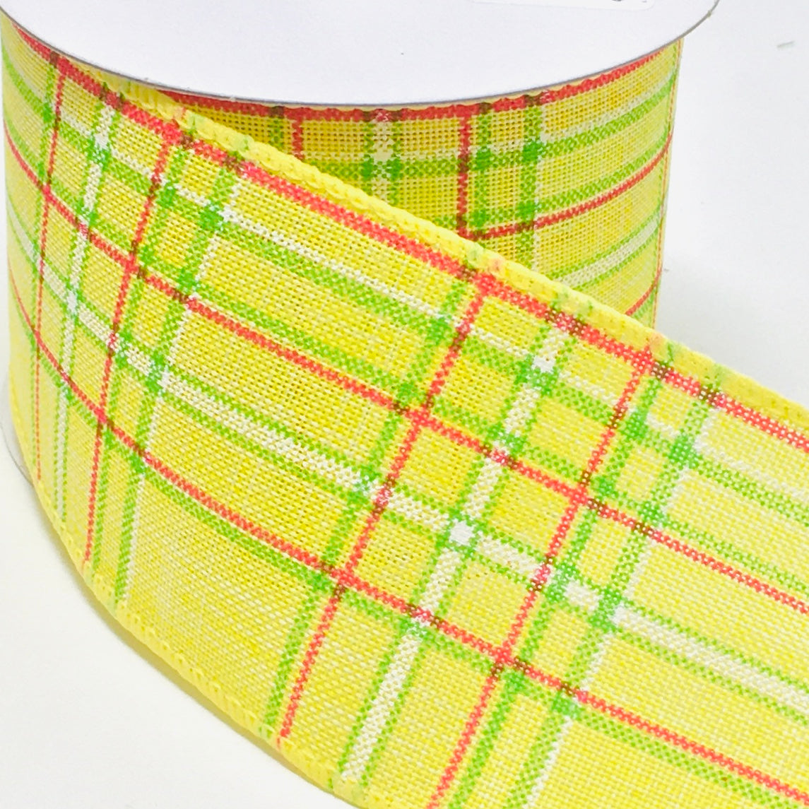 10 Yards - 2.5” Wired Yellow, Pink, Lime Green, and White Check Ribbon