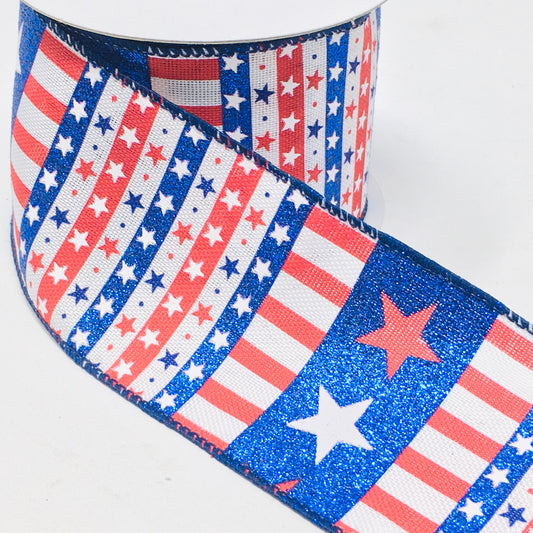10 Yards - 2.5” Wired Patriotic Red, White, and Blue Stars and Stripes Ribbon with Glitter Accent