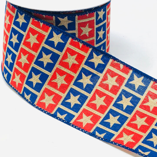10 Yards - 2.5” Wired Natural, Red, and Blue Star Patriotic Ribbon